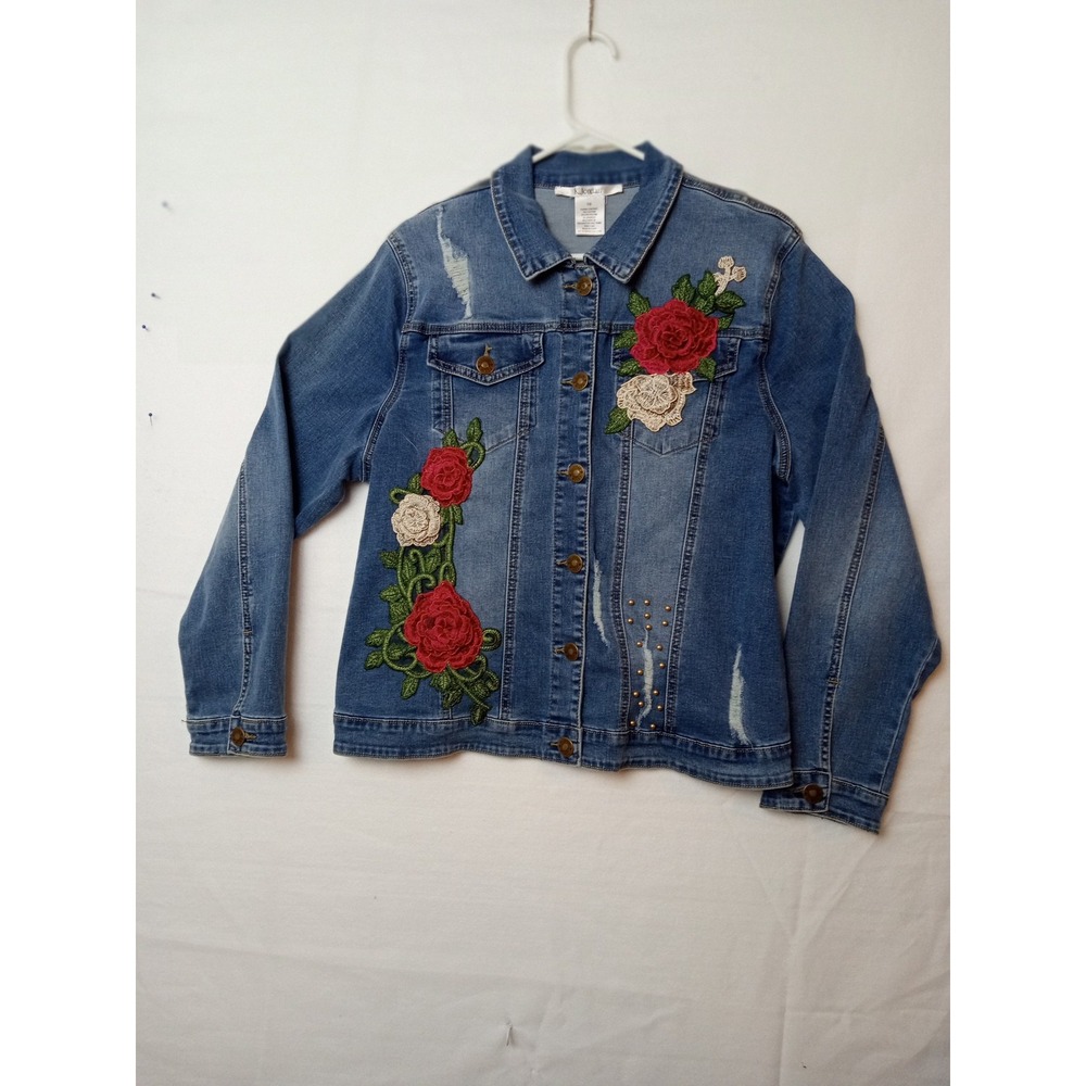 K Jordan‎ Jacket Womens 16 Blue Denim Embroidered Floral Rose Distressed Studs